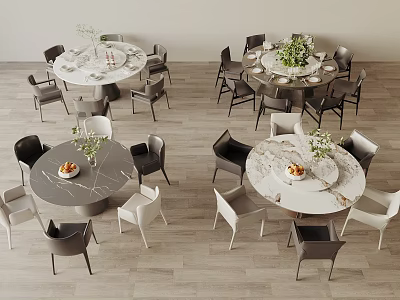 Modern Round Dining Table Set with Marble Tabletops and Multi colored Chairs and Decorative Vases 3d model