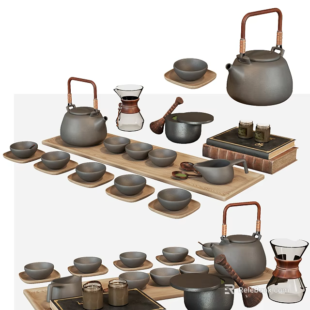 Elegant Ceramic Tea Set with Teapot Cups Tray and Wooden Handles 3d model 