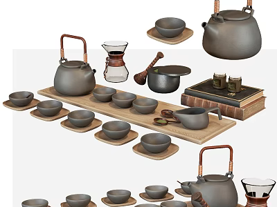 Elegant Ceramic Tea Set with Teapot Cups Tray and Wooden Handles 3d model
