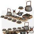 Elegant Ceramic Tea Set with Teapot Cups Tray and Wooden Handles