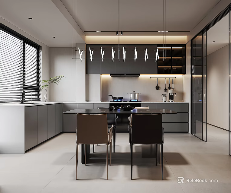 Modern Minimalist Open Plan Dining And Kitchen Interior Design With Sleek Cabinets And Dining Chairs 3d model 