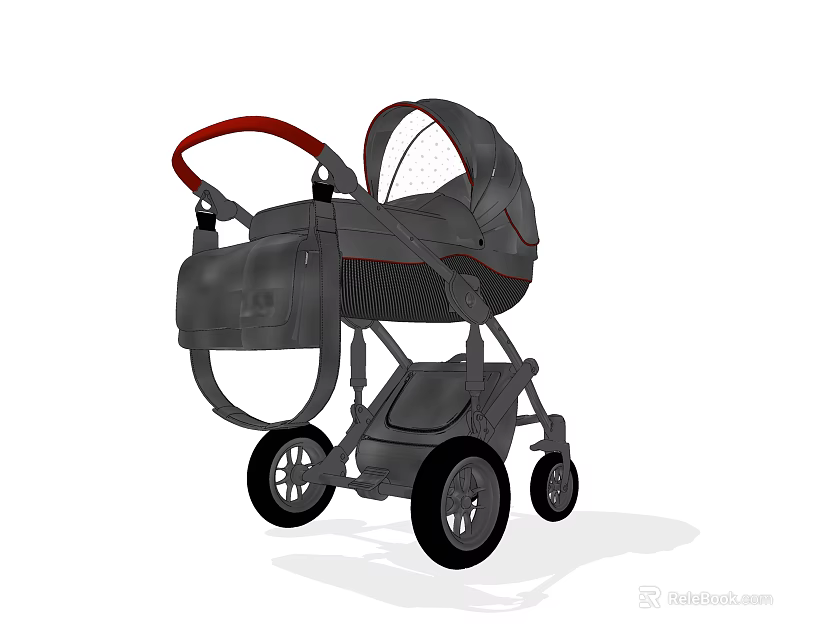 Gray Baby Stroller With Red Handle And Canopy Four Wheels Design 3d model 