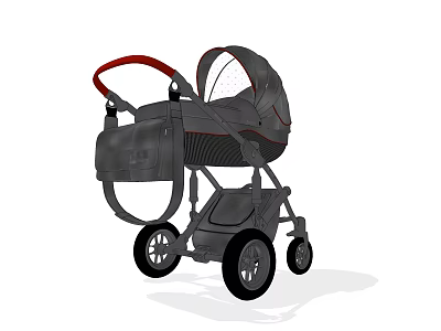 Gray Baby Stroller With Red Handle And Canopy Four Wheels Design 3d model