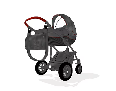 Gray Baby Stroller With Red Handle And Canopy Four Wheels Design 3d model