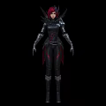 Game Movie Character With Red Hair And Black Armored Outfit With Red Accents
