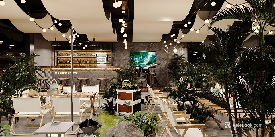 Modern Hot Pot Restaurant Interior With Green Plants Hanging Lights Seating Area And Stone Decorations 3d model 