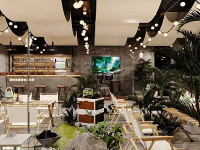 Modern Hot Pot Restaurant Interior With Green Plants Hanging Lights Seating Area And Stone Decorations 3d model