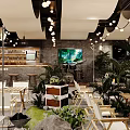 Modern Hot Pot Restaurant Interior With Green Plants Hanging Lights Seating Area And Stone Decorations