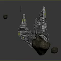 Futuristic Metallic Mechanical Structure Floating With Rocky Debris In Space 3d model