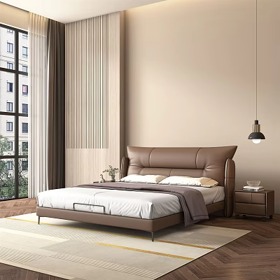 Modern Brown Leather Double Bed With Tufted Headboard Nightstand And Pendant Light 3d model