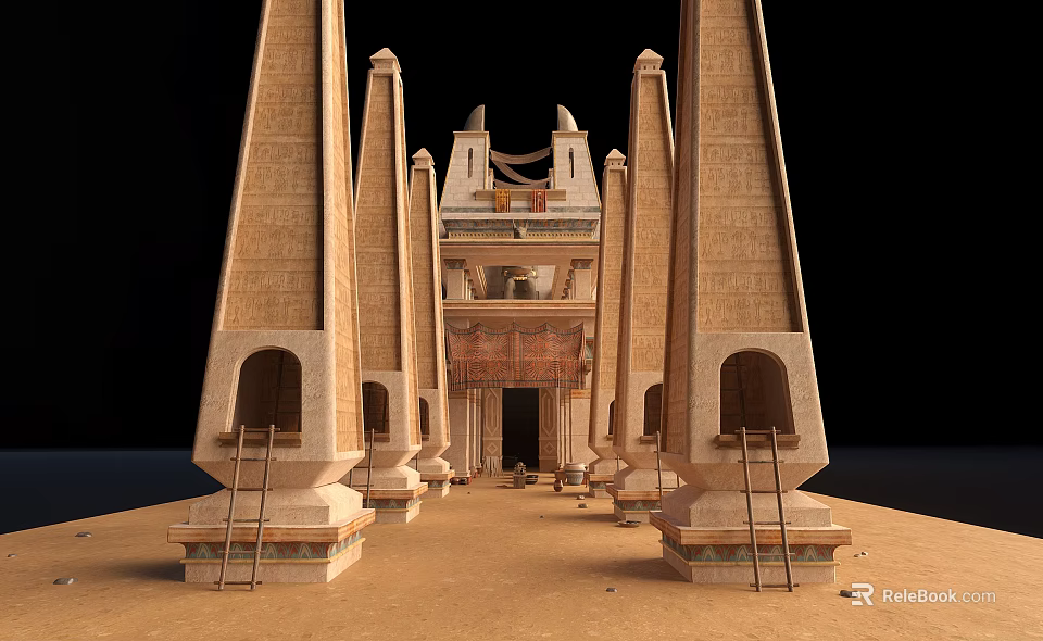 Ancient Egyptian Temple Architecture With Tall Stone Columns Sand Ground And Ladders 3d model 