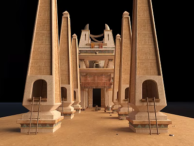 Ancient Egyptian Temple Architecture With Tall Stone Columns Sand Ground And Ladders 3d model