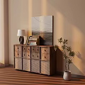 Rustic Wooden Cabinet With Table Lamp Books Artwork And Potted Plant In Room Corner