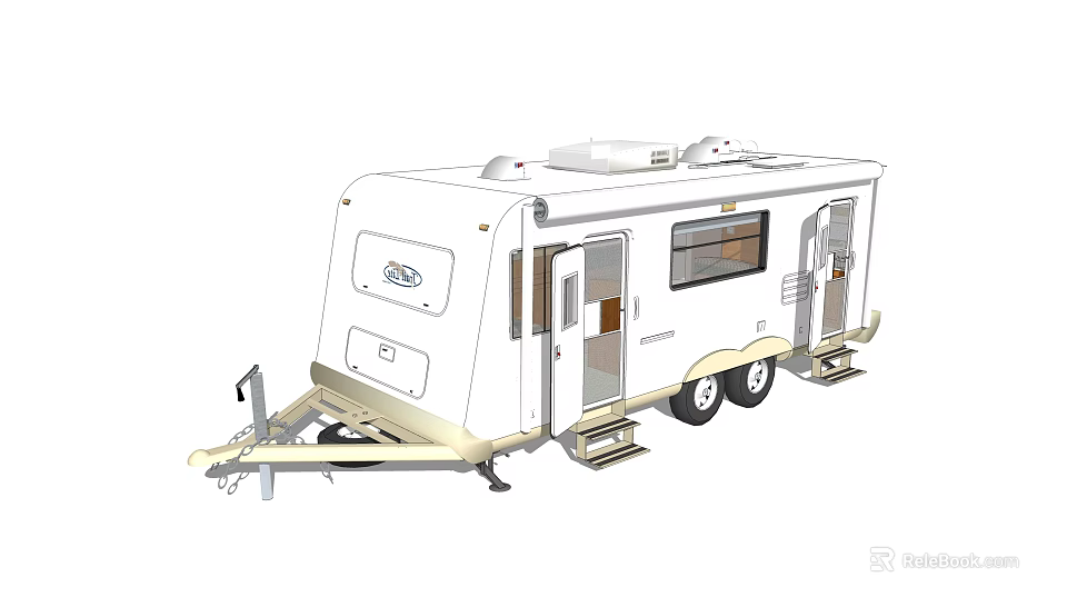 White Caravan Trailer With Double Doors Windows Wheels For Camping Trips 3d model 
