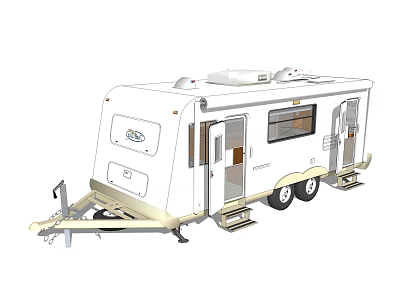 White Caravan Trailer With Double Doors Windows Wheels For Camping Trips 3d model