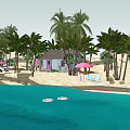 Waterfront Landscape Featuring Palm Trees White Cottage Pink Decorations Sandy Beach And Float Rings