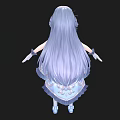 Anime Woman With Long Lavender Hair Blue White Layered Dress White Stockings And Blue Shoes