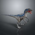 Realistic Velociraptor Dinosaur Model With Grey Body Blue Stripes And Open Mouth
