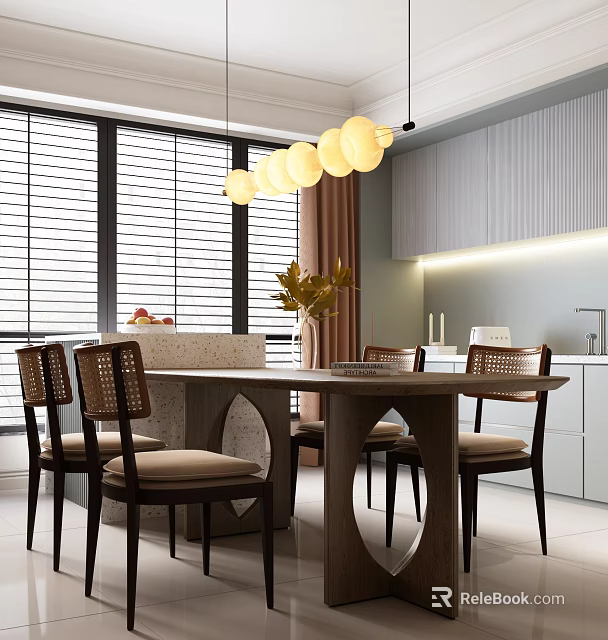 Elegant Modern Restaurant Interior With Dining Table Chairs And Pendant Lights 3d model