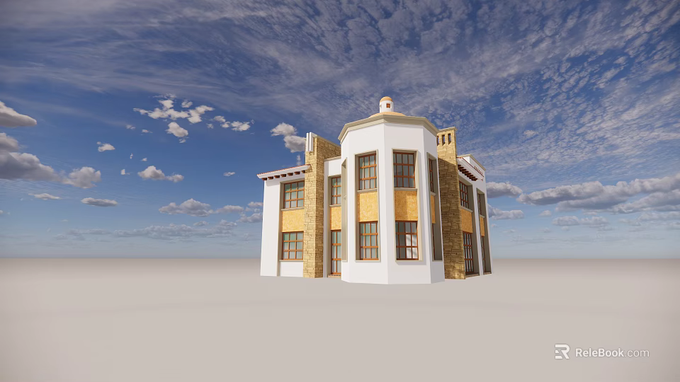 Detached Villa Exterior With White Yellow Facade Domed Roof And Blue Sky Background 3d model 