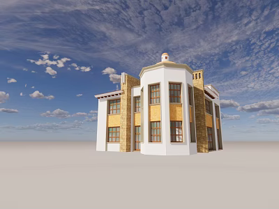 Detached Villa Exterior With White Yellow Facade Domed Roof And Blue Sky Background 3d model