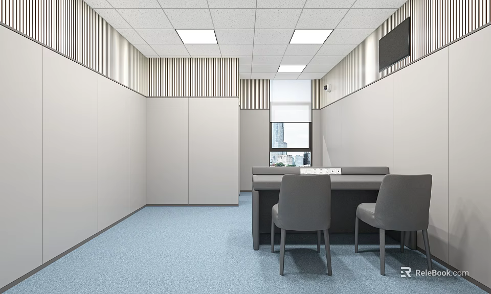 Modern Office Interior With Blue Carpet Gray Table Chairs White Walls And Ceiling Lights 3d model 
