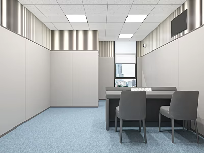 Modern Office Interior With Blue Carpet Gray Table Chairs White Walls And Ceiling Lights 3d model