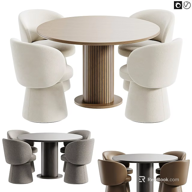 Round Dining Table Set With Beige And Gray Chairs And Wooden Textured Leg 3d model 