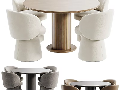Round Dining Table Set With Beige And Gray Chairs And Wooden Textured Leg 3d model