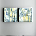Abstract Paintings With Yellow Blue White Geometric Lines On Grey Wall 3d model
