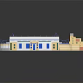 Modern Stadium Building With Green Football Pitch Blue Stands And White Roof Structure
