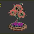 Ornamental Potted Plant With Green Leaves Pink Flowers Brown Trunk And Circular Brick Planter