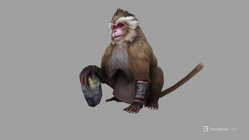 Red Faced Monkey With White Eyebrows Sitting Holding Stone And Decorative Arm Ankle Bands 3d model 