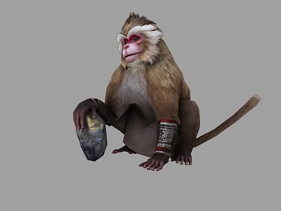 Red Faced Monkey With White Eyebrows Sitting Holding Stone And Decorative Arm Ankle Bands 3d model