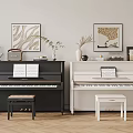 Black and White Pianos with Music Sheets Stools and Framed Artwork in Room