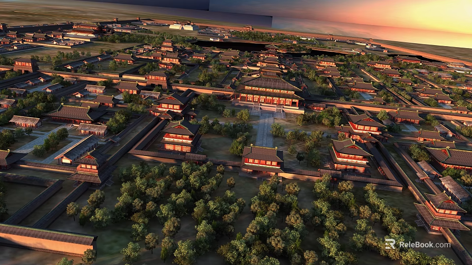 Ancient Architecture Complex Aerial View With Traditional Roofs And Green Trees 3d model 