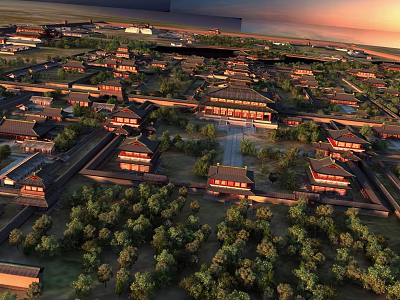 Ancient Architecture Complex Aerial View With Traditional Roofs And Green Trees 3d model