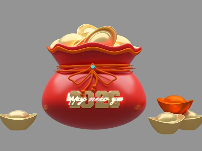 Festive Photo Spot with Red Bag Full of Gold Ingots and Happy 2025 3d model