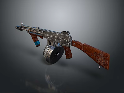 Vintage Submachine Gun With Wooden Stock Metal Components And Drum Magazine 3d model