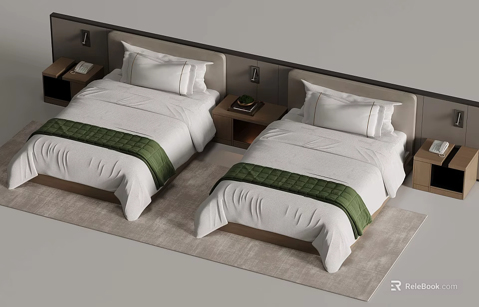 Modern Bedroom Interior With Two Beds White Sheets Green Runners Nightstands Table Lamps And Carpet 3d model 
