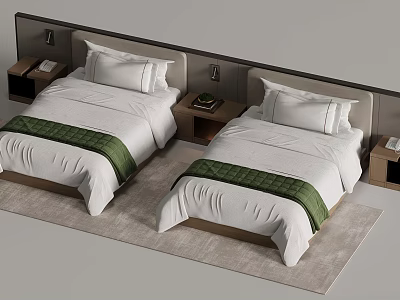 Modern Bedroom Interior With Two Beds White Sheets Green Runners Nightstands Table Lamps And Carpet 3d model