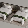 Modern Bedroom Interior With Two Beds White Sheets Green Runners Nightstands Table Lamps And Carpet
