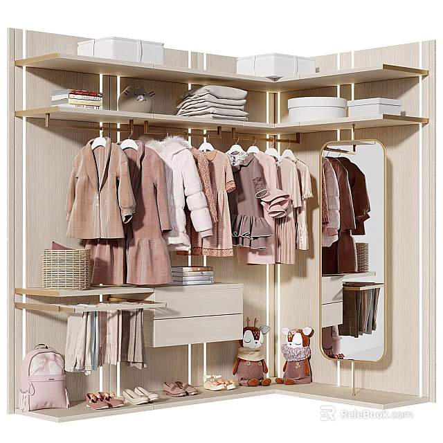 Stylish Wardrobe With Hanging Pastel Clothes Folded Towels Mirror And Storage Shelves 3d model 