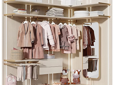 Stylish Wardrobe With Hanging Pastel Clothes Folded Towels Mirror And Storage Shelves 3d model