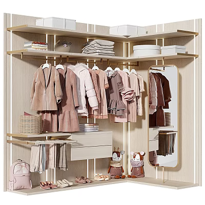 Stylish Wardrobe With Hanging Pastel Clothes Folded Towels Mirror And Storage Shelves 3d model