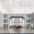 Spacious Modern Hotel Lobby With Elegant Chandelier Large Glass Windows Art Installation And Seating Areas