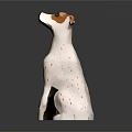 Artistic Sitting Dog Sculpture With White Fur And Brown Spots On Dark Backdrop