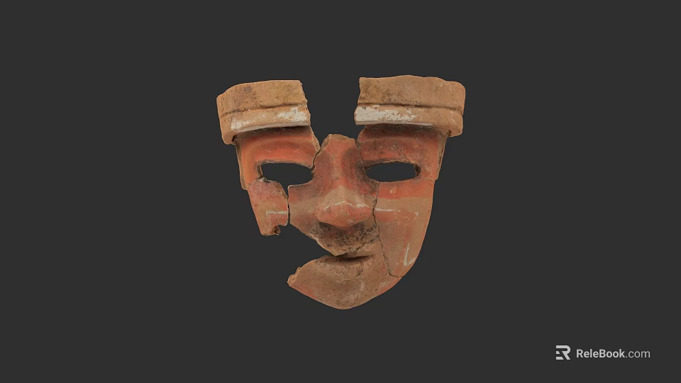 Ancient Terracotta Sculpture Mask With Broken Fragments And Red Brown Details 3d model 