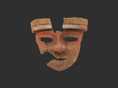Ancient Terracotta Sculpture Mask With Broken Fragments And Red Brown Details 3d model