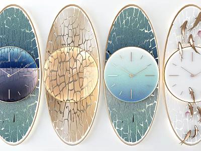 Stylish Oval Clocks With Various Designs Including Cracked Texture Blue Gradient And Fish Decorations 3d model